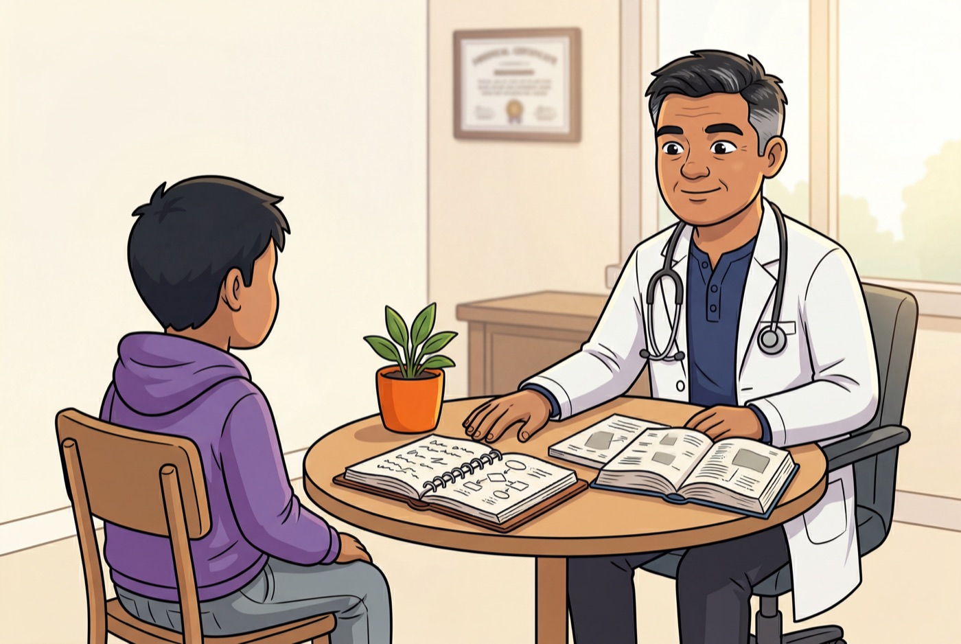 Dr. Nakata working one-on-one with a student, notebooks open between them