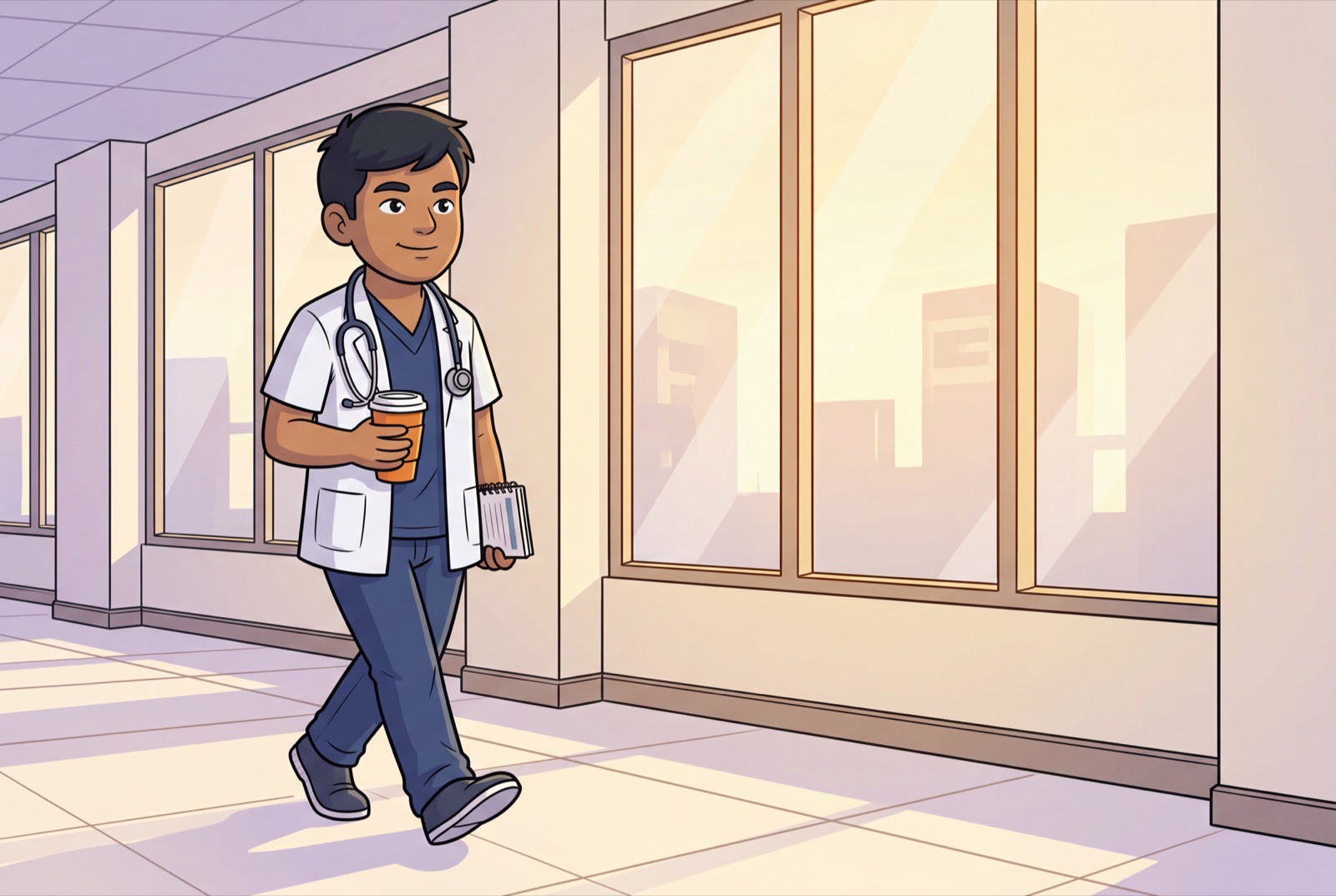 Dr. N in his white coat, walking a sunlit hospital hallway with coffee and flashcards in hand
