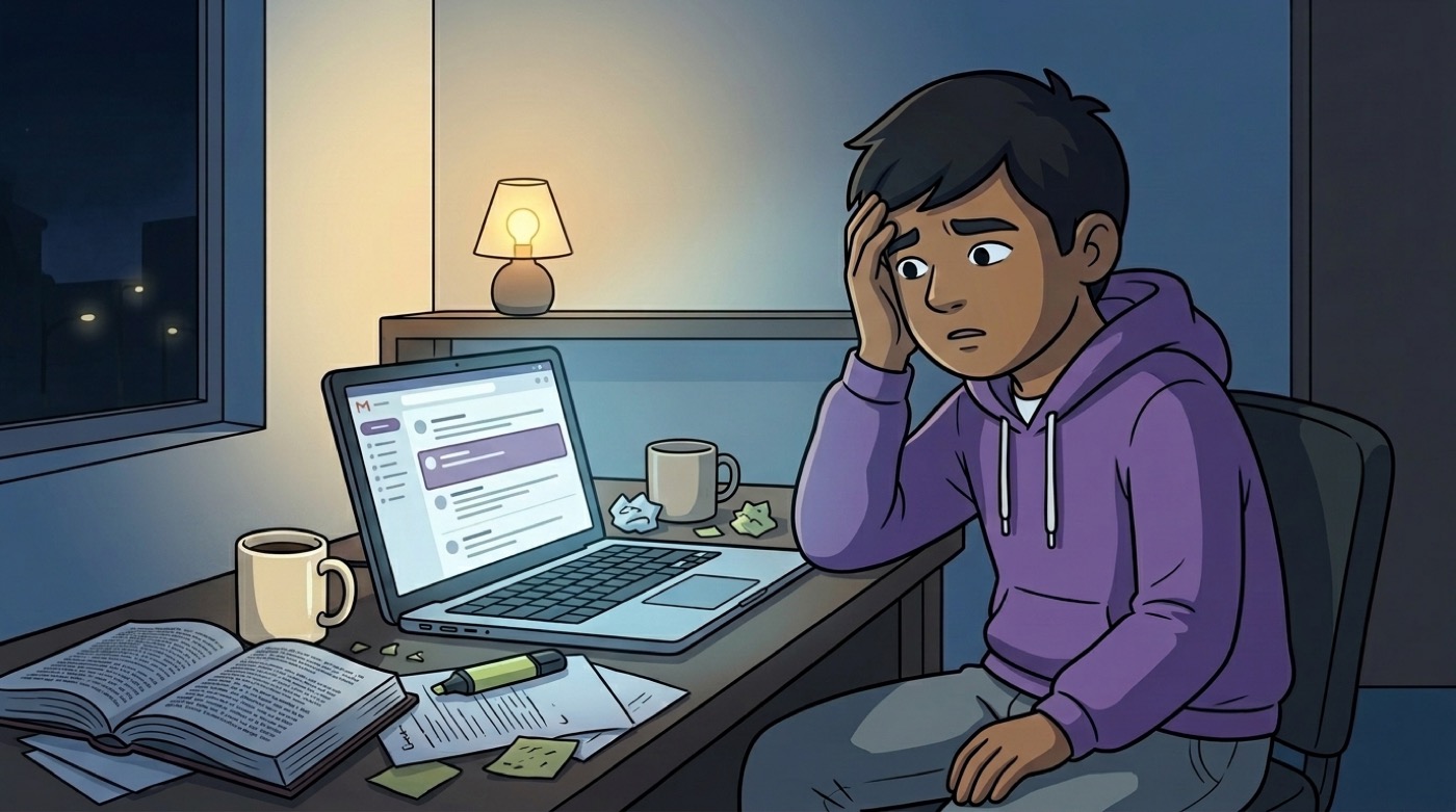 Dr. N studying late at night, hand on his head, surrounded by crumpled notes