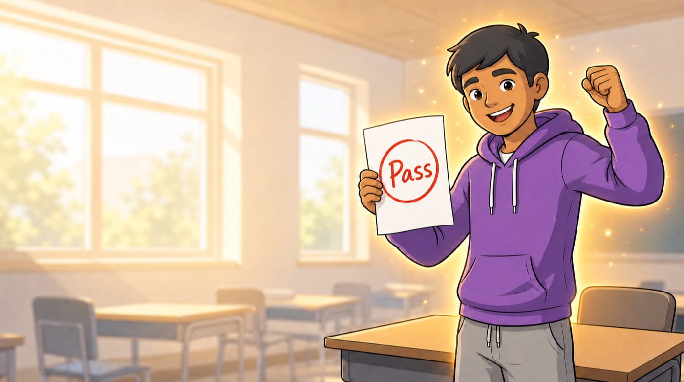 The student standing at his desk in a bright classroom, holding up his passed test, glowing with pride