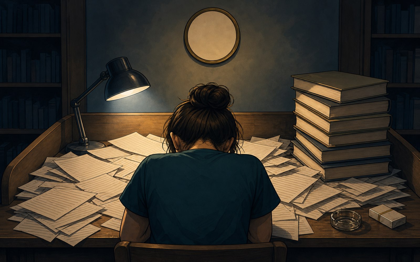 K. F.'s library desk before coaching: buried under a mountain of loose papers and textbooks, lit by a single dim lamp late at night