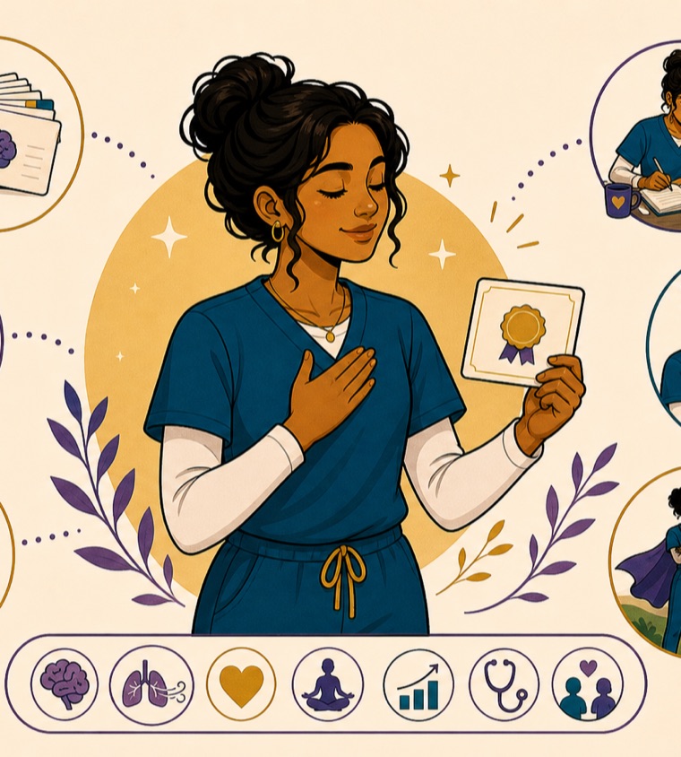 K. F., a pre-nursing student in scrubs, hand on her heart, holding up her achievement