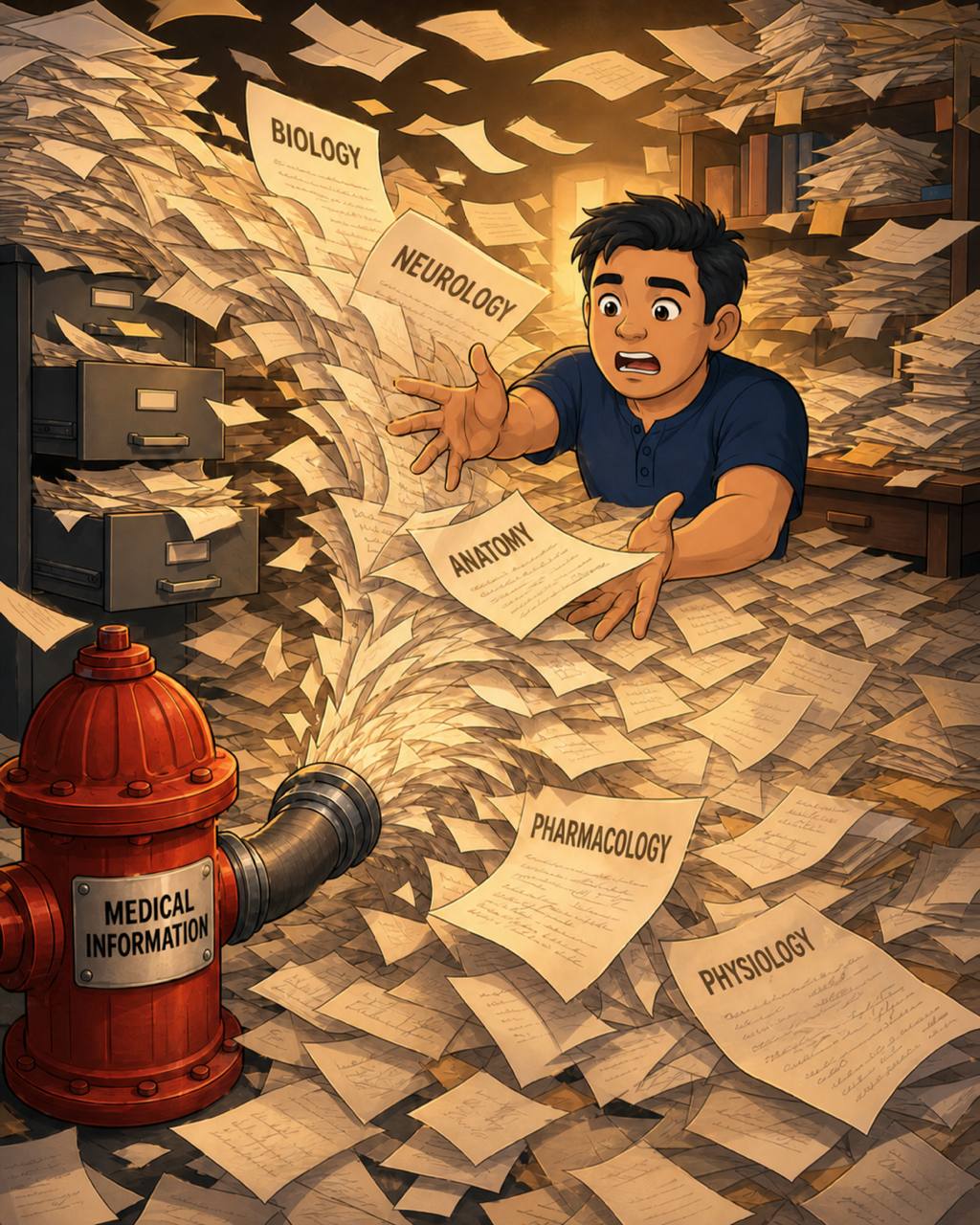 A fire hydrant labelled Medical Information blasts a torrent of scribbled pages — biology, neurology, anatomy, pharmacology, physiology — over Dr. Nakata as a medical student, buried to the waist and failing to keep up.