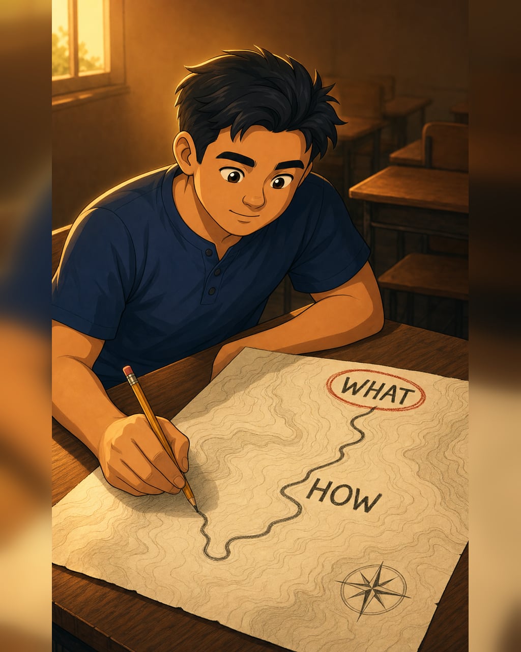 A map on a classroom desk with a red-circled destination labelled WHAT and no roads — student Dr. Nakata draws his own winding pencil route toward it, labelled HOW.