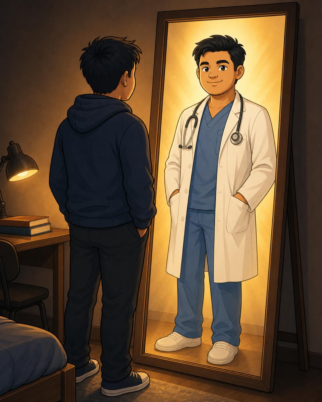 Dr. Nakata as a student in a hoodie, seeing himself in a full-length mirror as the doctor he would become — white coat, stethoscope and scrubs.