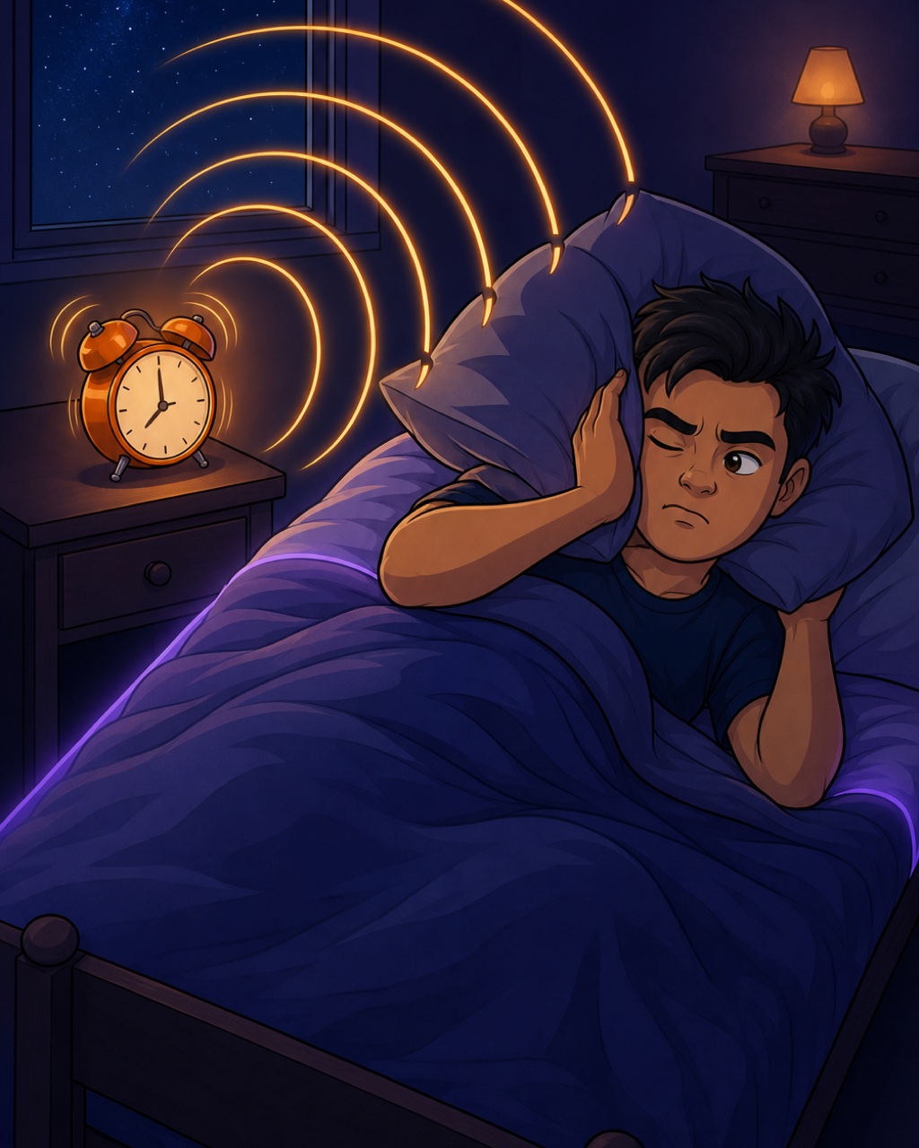 A student presses a pillow over his ear as glowing sound waves from a ringing alarm clock bounce off it