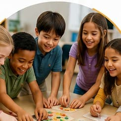Children working together around a table on a colorful hands-on learning activity