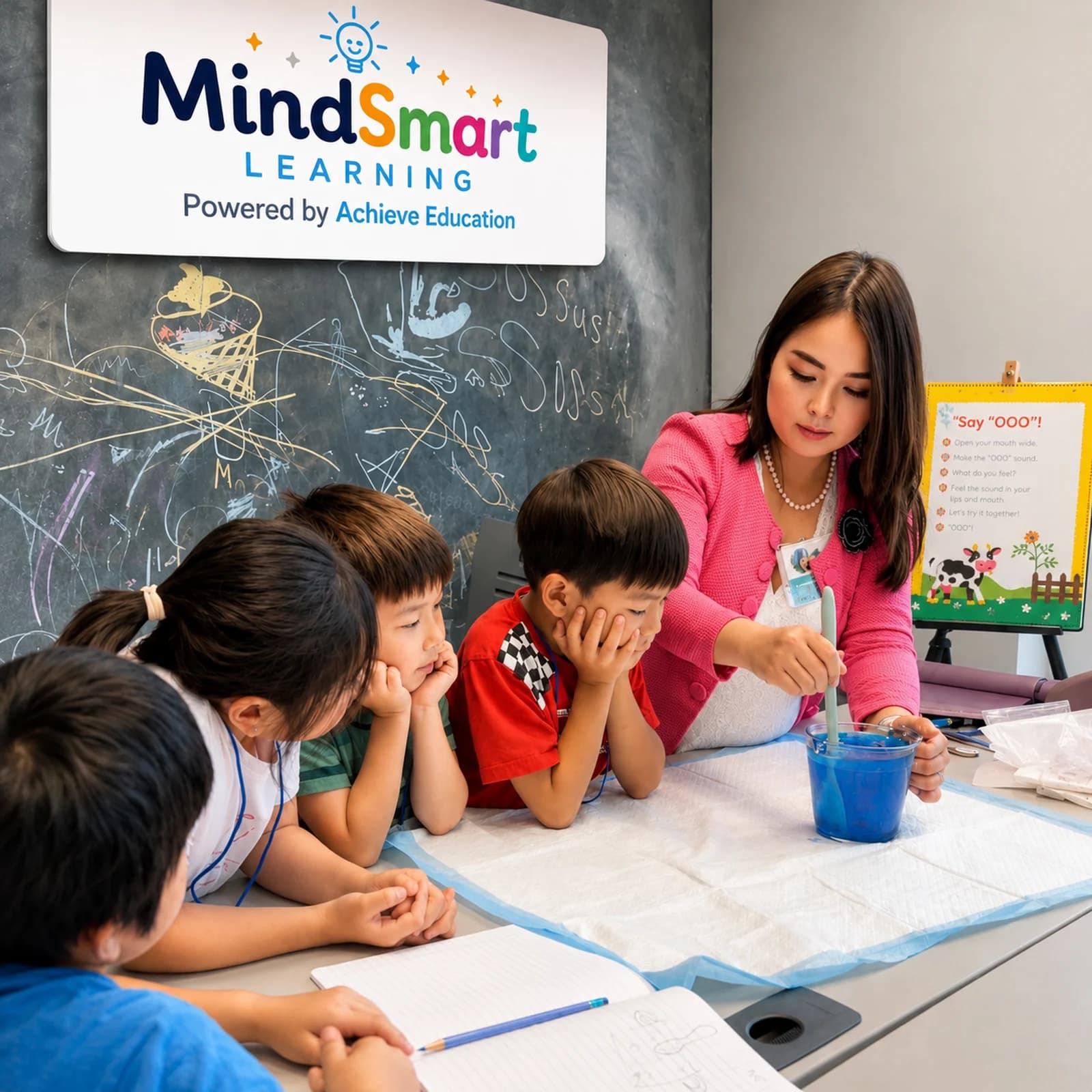 Kimly Hoang-Nakata leading a small group of students through an experiment at MindSmart Learning