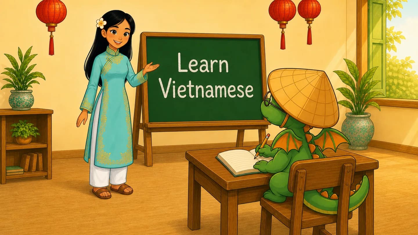 Cô Vi teaching at the chalkboard while Bảo writes at his desk — the board reads "Learn Vietnamese"