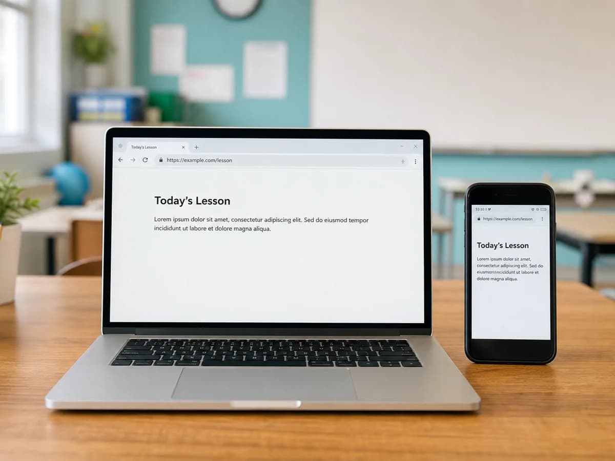 A laptop and a phone side by side on a teacher's desk, both showing the same lesson page in an ordinary web browser