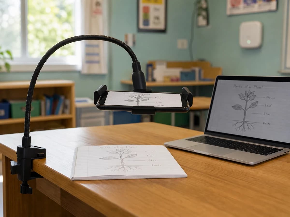 A phone on a gooseneck stand and a laptop on the same classroom desk, below a WiFi access point on the wall