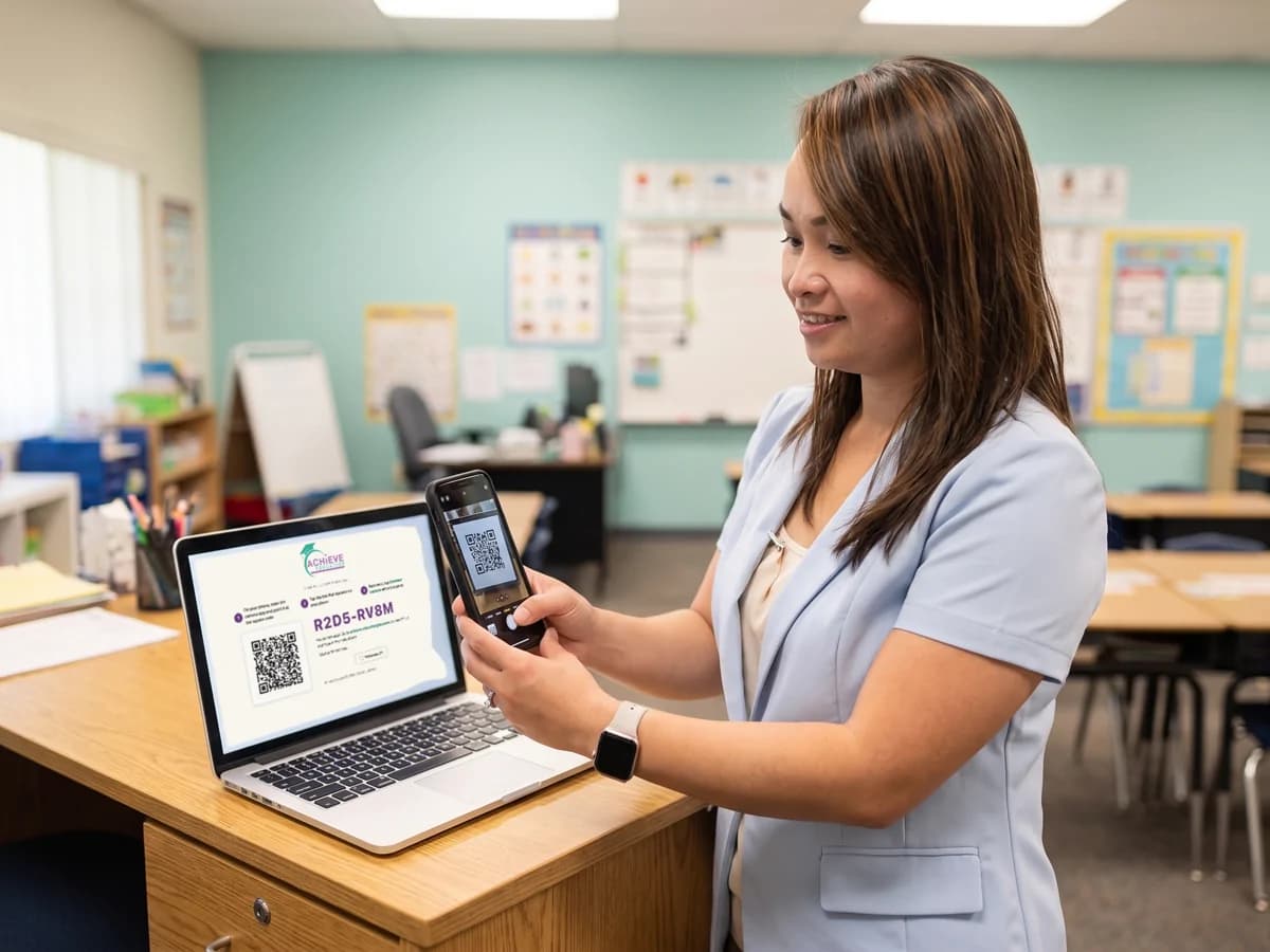 The teacher holding her phone up to the laptop screen to scan the QR code