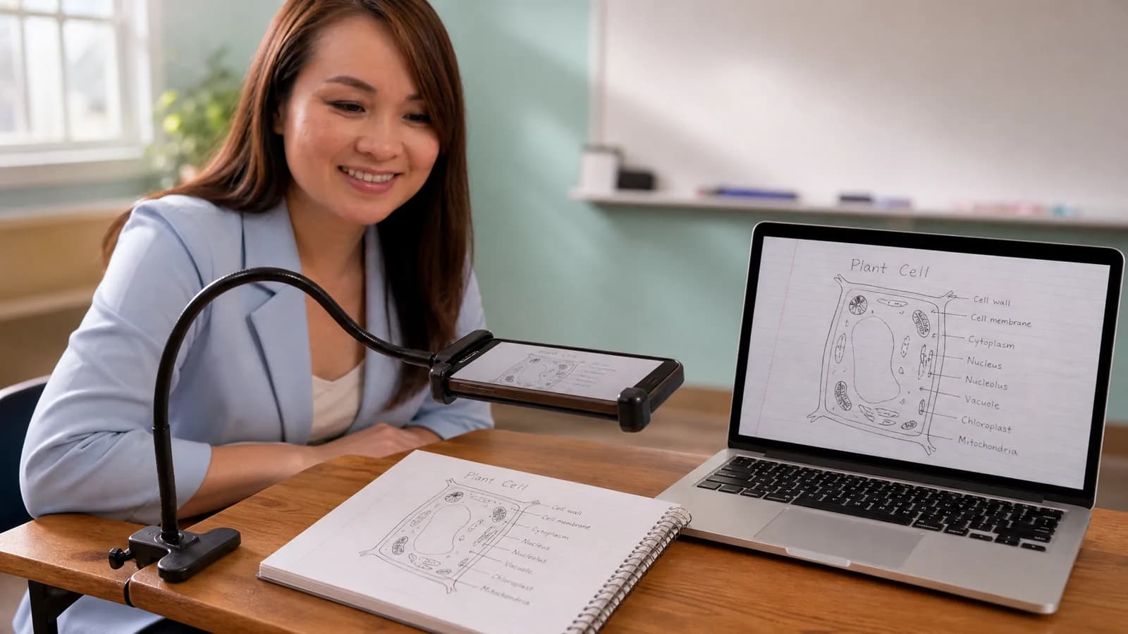 Teacher at a classroom desk with her phone on a stand above an open notebook, the page showing live on her laptop and the classroom projector screen
