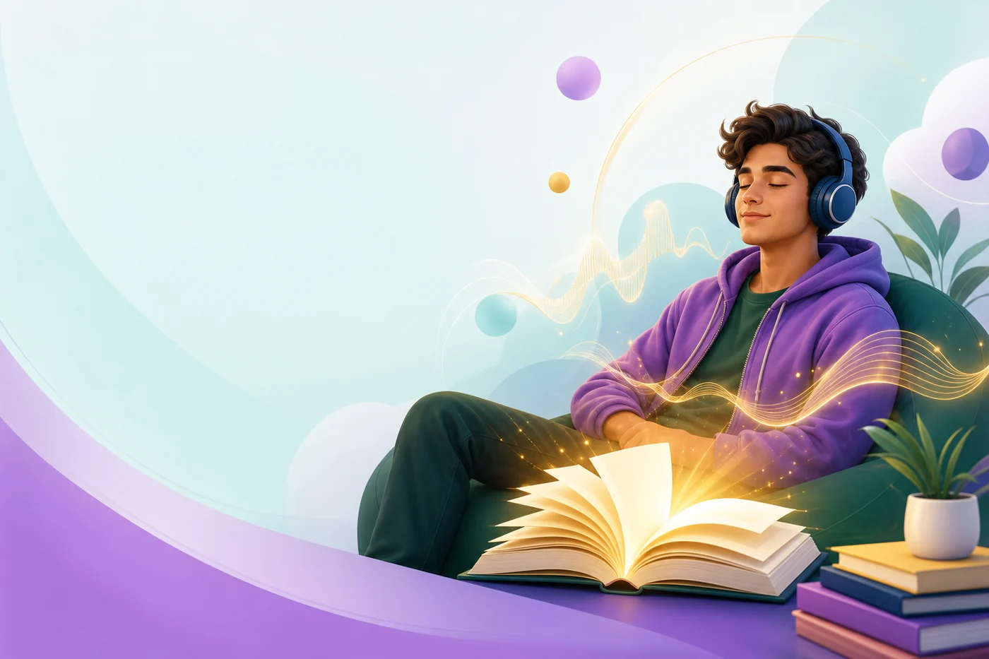 Illustration of a college student listening to The Glow audiobook, golden sound waves rising from a glowing book