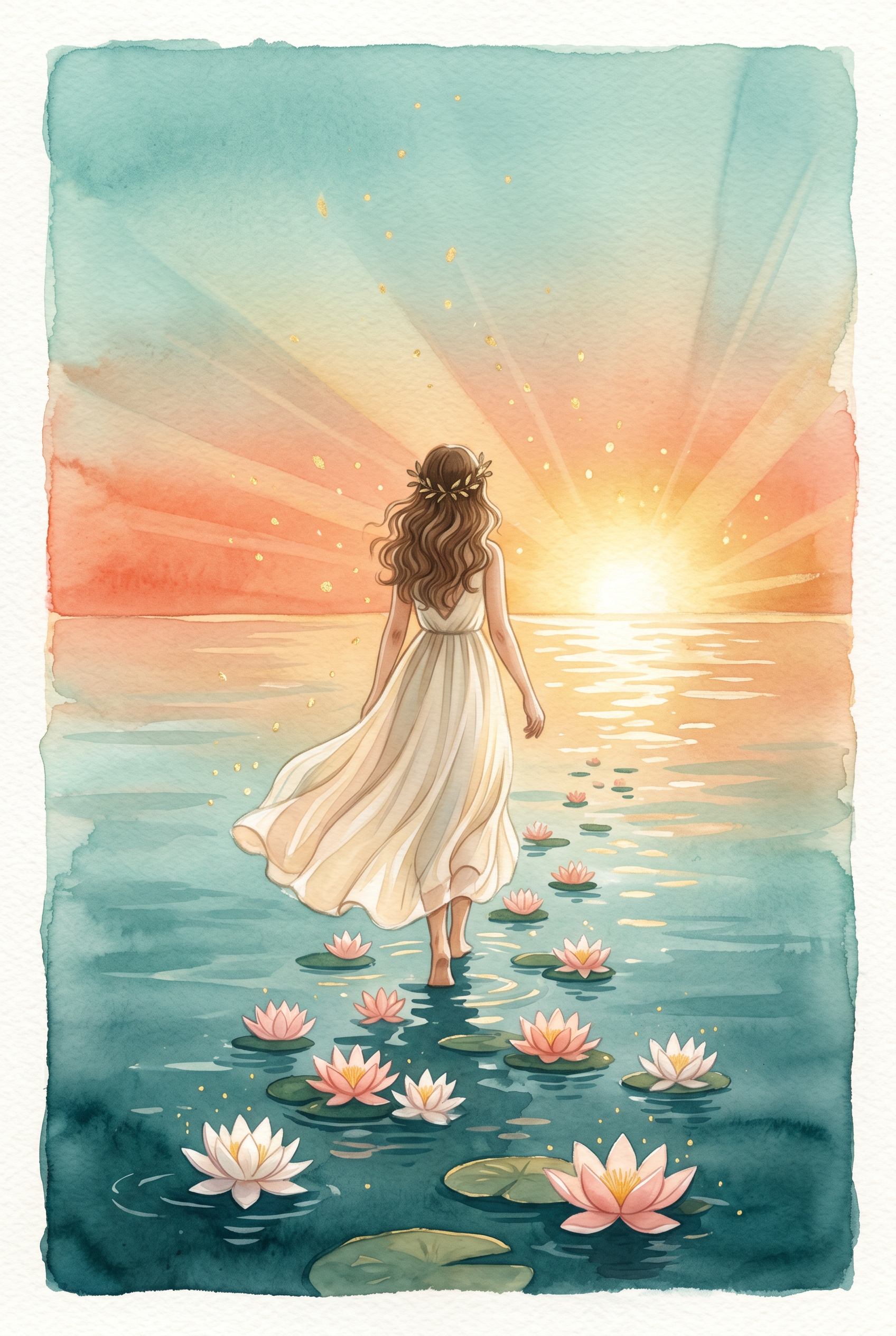 Watercolor of a woman walking a path of lotus blossoms toward a radiant sunrise — leading with light