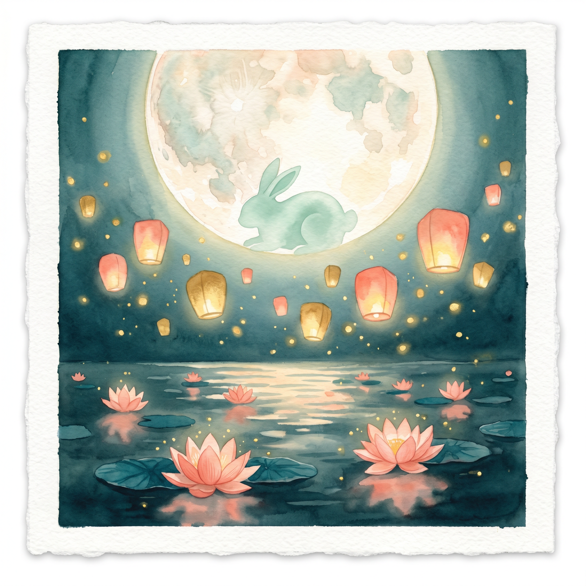 Watercolor of a glowing full moon with a jade rabbit above floating paper lanterns and a lotus pond — the Mid-Autumn Moon Festival