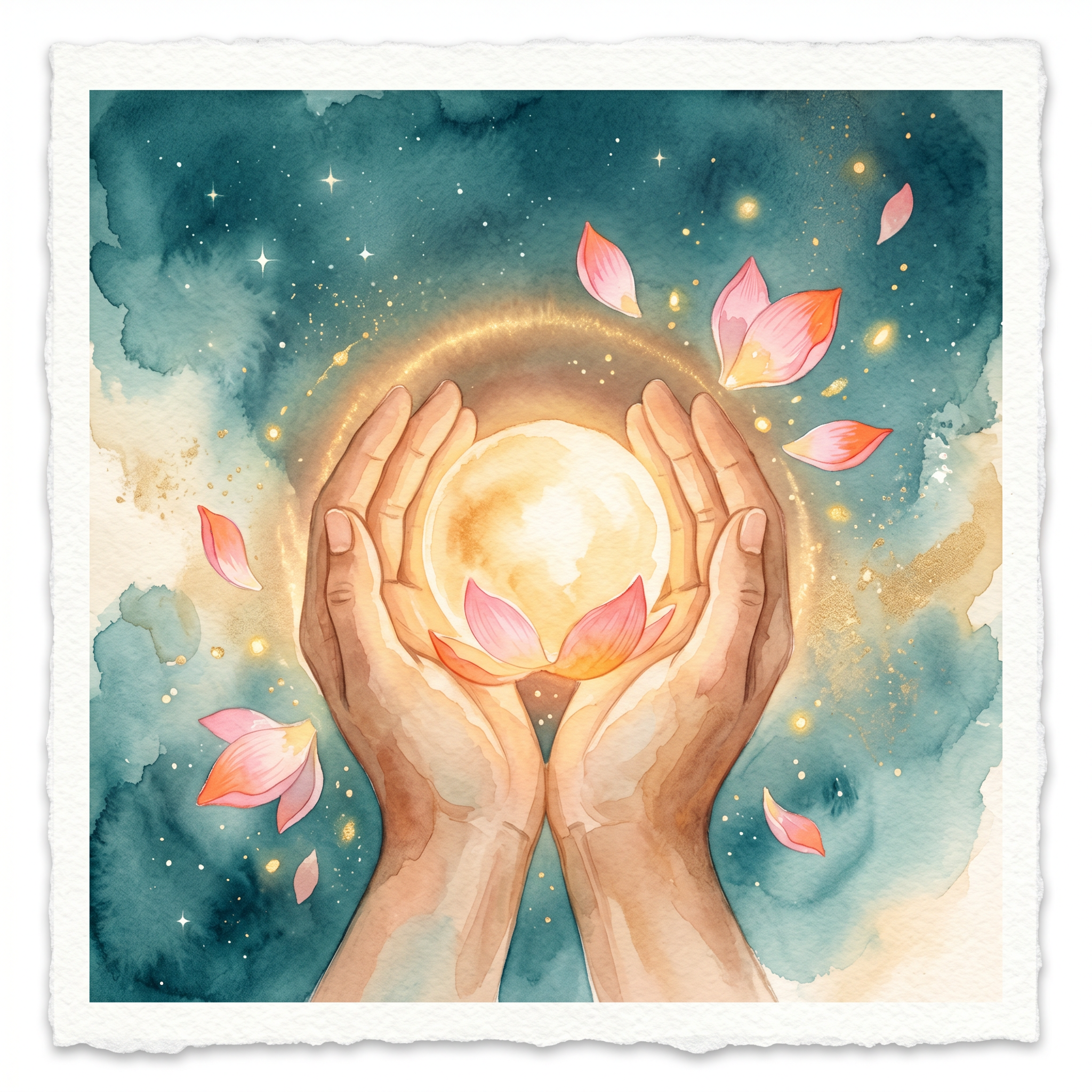 Watercolor of two cupped hands cradling a glowing warm light surrounded by lotus petals — a symbol of healing and care