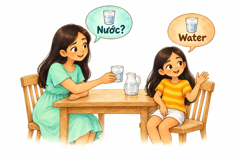Watercolor illustration: A mother offers a glass of water and asks in Vietnamese, “Nước?”; her daughter waves and answers in English, “Water.”