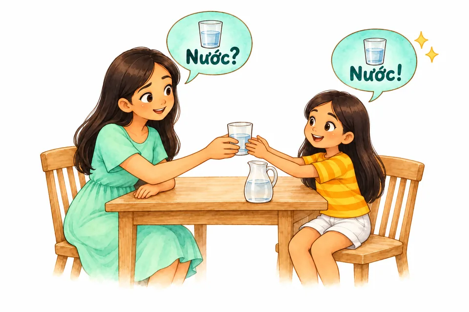 Watercolor illustration: The mother asks “Nước?” and her daughter turns, takes the glass and answers in Vietnamese, “Nước!”, with a proud smile.