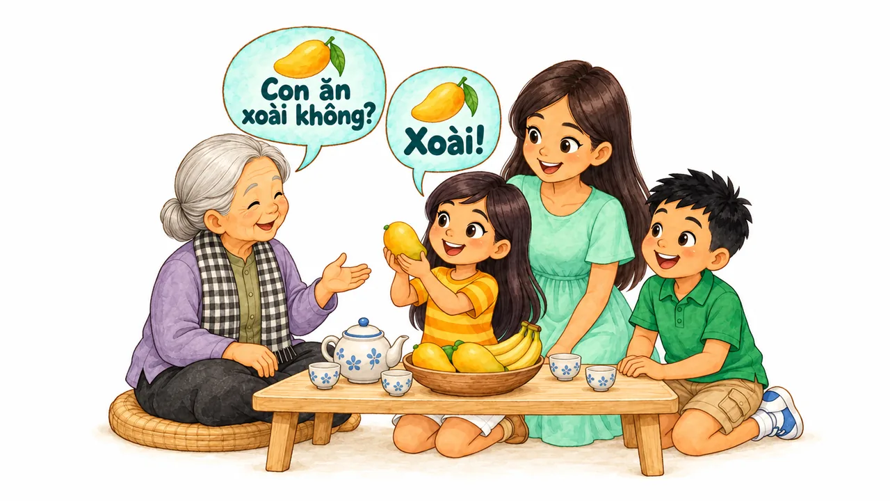 Watercolor illustration of a family at a low table: the grandmother asks in Vietnamese, “Con ăn xoài không?” (“Want some mango?”), and her granddaughter, holding up a mango, answers “Xoài!”