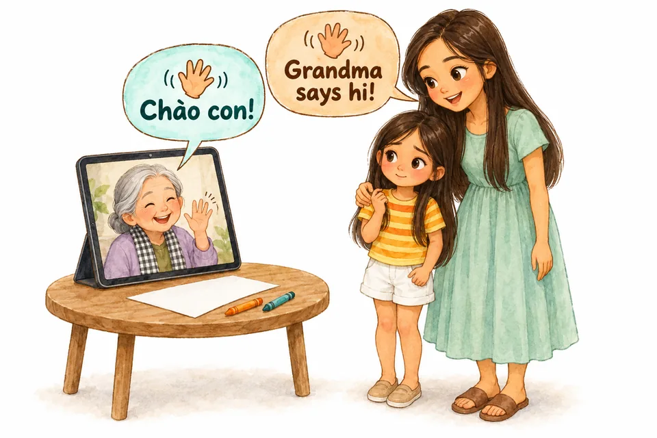 Watercolor illustration: A grandmother waves on a tablet video call and says “Chào con!” while a shy girl stays close to her mother, who translates, “Grandma says hi!”