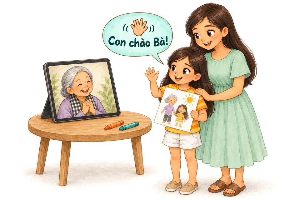 Watercolor illustration: The girl proudly holds up a drawing to the tablet and greets her grandmother in Vietnamese, “Con chào Bà!”