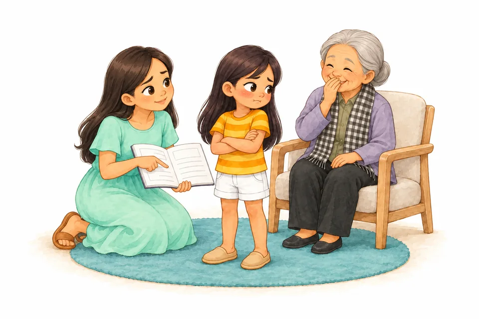 Watercolor illustration: A girl crosses her arms and turns away from a workbook while her grandmother chuckles nearby.