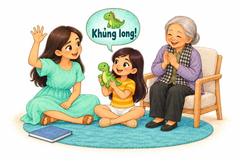 Watercolor illustration: The girl teaches her mother the Vietnamese word for her toy dinosaur, “Khủng long!”, while her grandmother claps.
