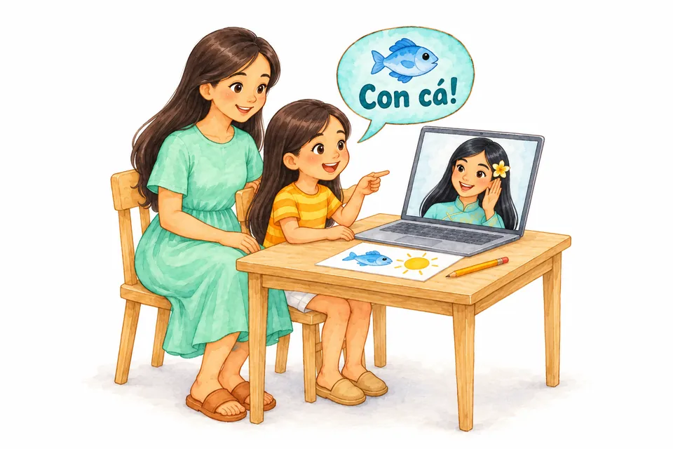 Watercolor illustration of a girl saying “Con cá!” (“Fish!”) aloud to Cô Vi on a laptop screen while her mother smiles beside her