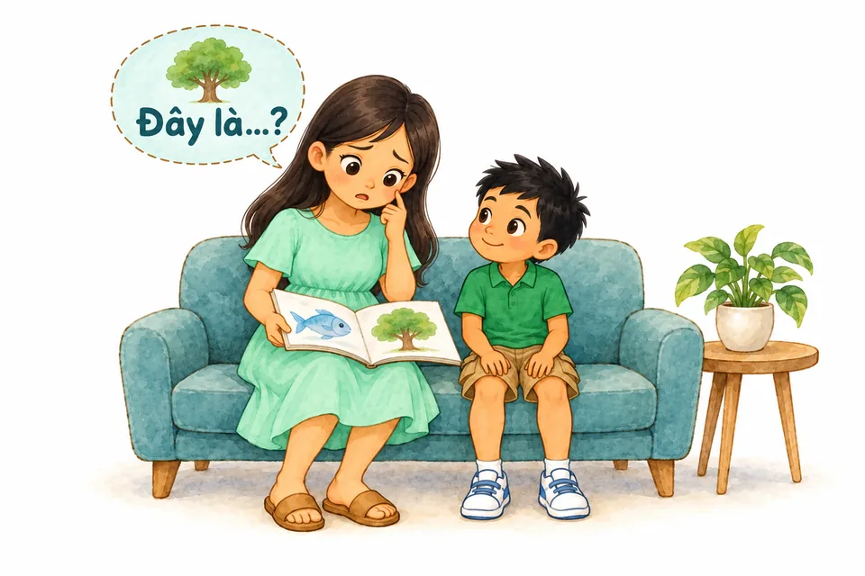 Watercolor illustration: A mother holds a picture book and starts, “Đây là…?” (“This is…?”), unsure of the Vietnamese word, while her son waits.