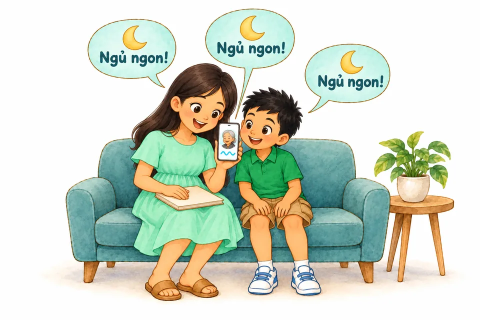 Watercolor illustration: Mother and son listen to a grandmother's voice message saying “Ngủ ngon!” (“Good night!”) and repeat it together, smiling.