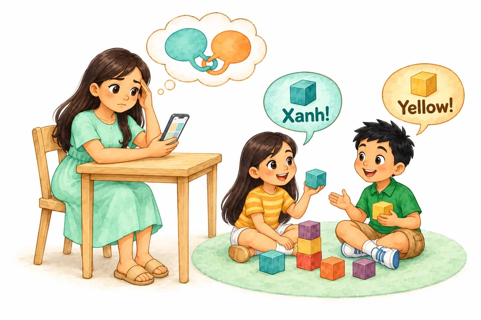 Watercolor illustration: A mother looks worried at her phone while her children play, one saying “Xanh!” in Vietnamese and the other “Yellow!” in English.