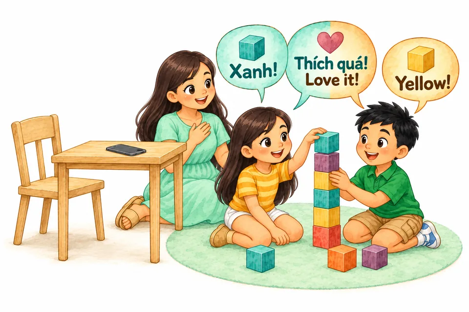 Watercolor illustration: The mother relaxes on the rug as her children build a block tower, chatting happily in both languages: “Xanh!”, “Thích quá! Love it!” and “Yellow!”