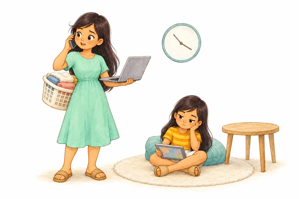 Watercolor illustration: A frazzled mother juggles a laptop, phone and laundry while her daughter sits alone with a tablet.