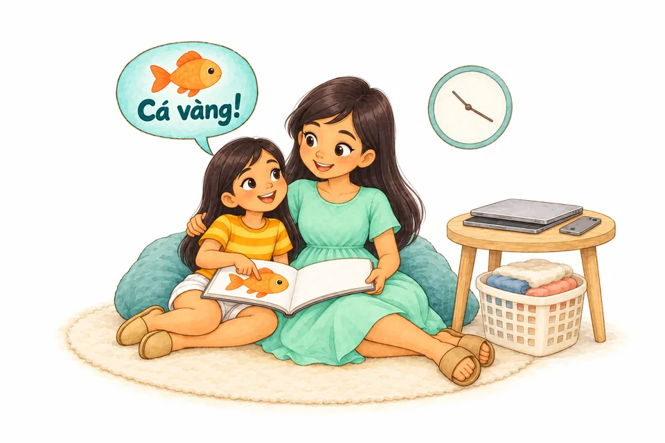Watercolor illustration: Mother and daughter sit together on a rug reading one picture-book page; the girl names the goldfish, “Cá vàng!”