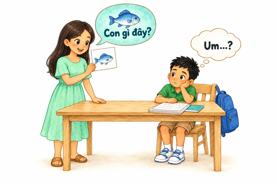 Watercolor illustration: A mother holds up a fish card and asks, “Con gì đây?” (“What's this?”); a tired boy slumps over his homework, unable to recall the word.