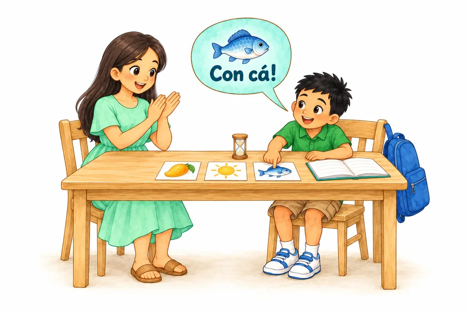 Watercolor illustration: The boy and his mother play a quick picture-card game with a sand timer; he excitedly names the fish, “Con cá!”