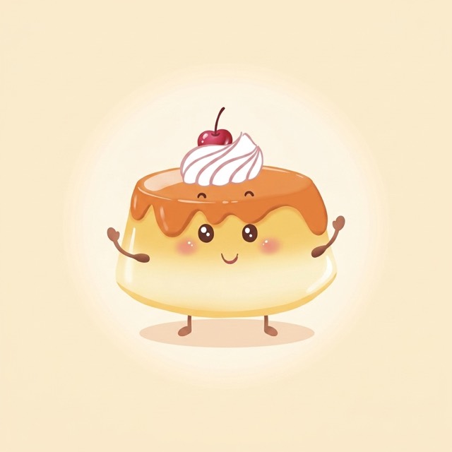 A smiling golden flan character from the book cover, topped with caramel, a swirl of cream and a cherry.