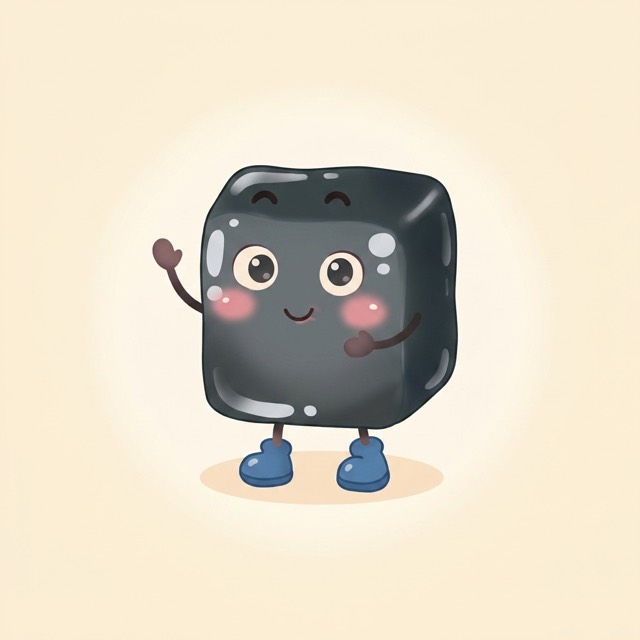 A dark charcoal grass-jelly cube character from the book cover, waving, with little blue shoes.
