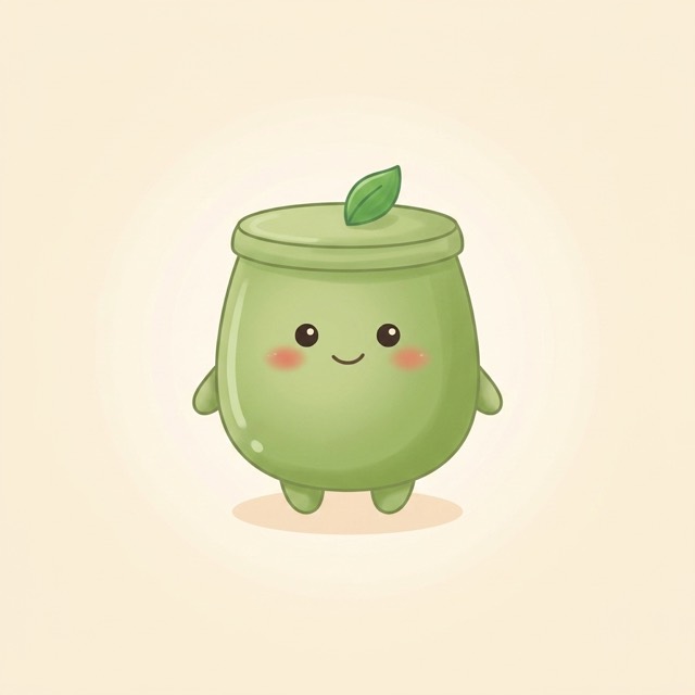 A smiling green matcha character from the book cover, shaped like a little pot with a leaf on top.