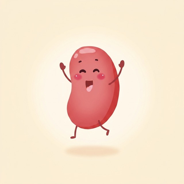 A happy rosy-red bean character from the book cover with both arms raised mid-hop.