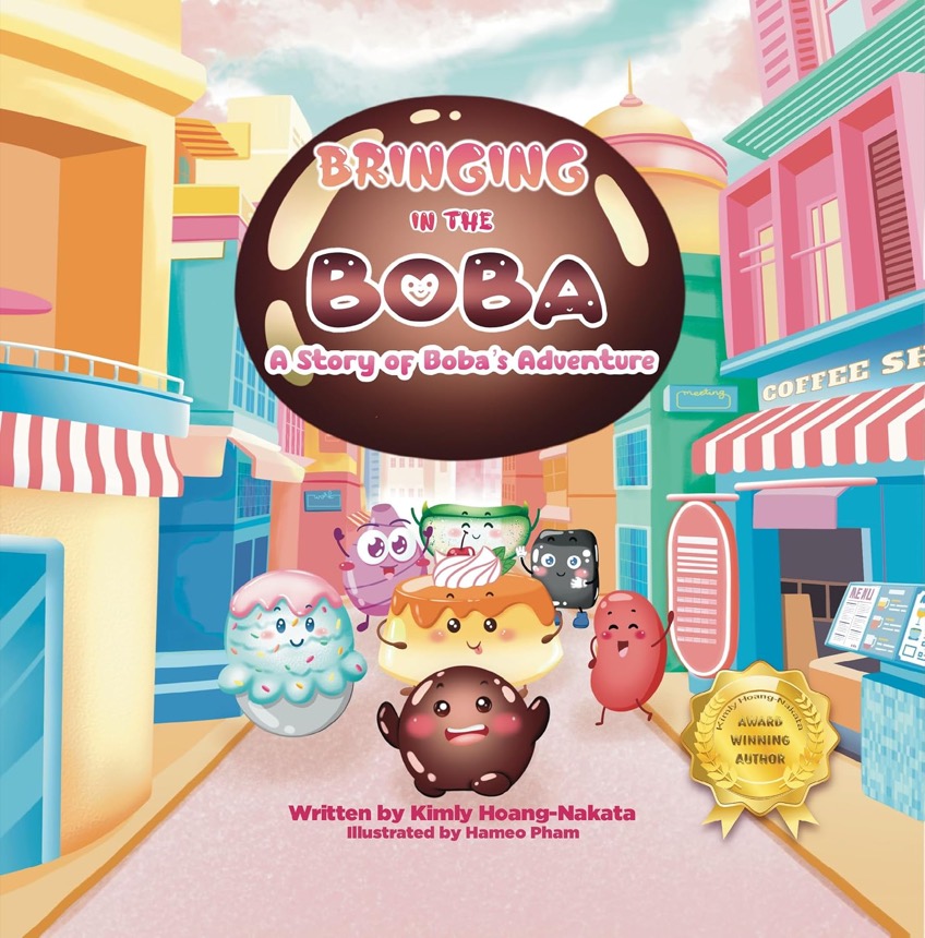 Cover of Bringing in the Boba: a smiling chocolate-brown boba pearl leads six dessert friends — flan, taro, matcha, grass jelly, red bean and shaved ice — down a pastel candy-colored street.