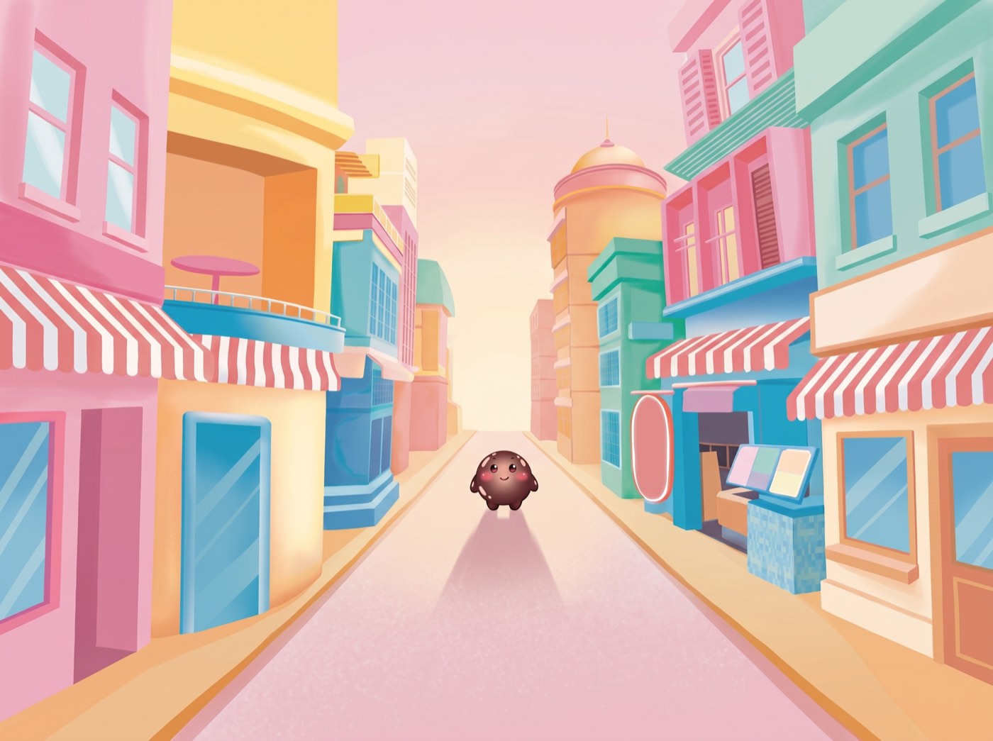 A single chocolate boba pearl stands alone at the quiet, dawn-lit end of a pastel candy-colored street.