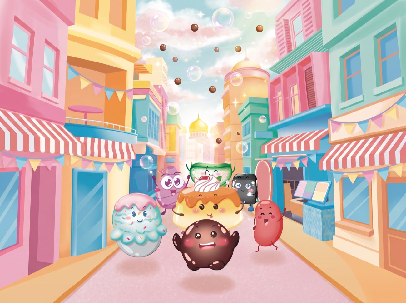 Boba and the crew leap and cheer under bunting and rising pearls in a joyful street celebration.