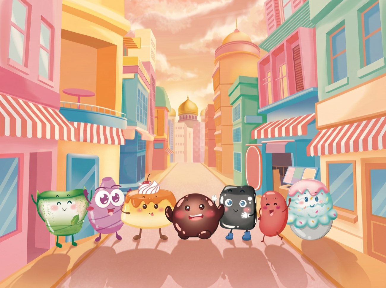 Boba and all six dessert friends stand proudly side by side across the warm, golden-lit street.