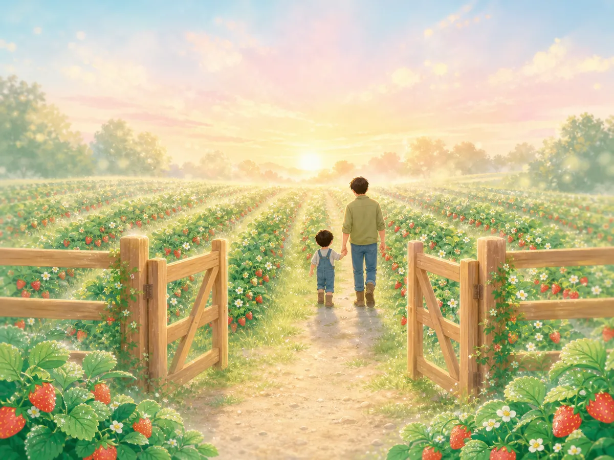 Neiko walks through the farm gate with his family as dawn lights the strawberry rows.