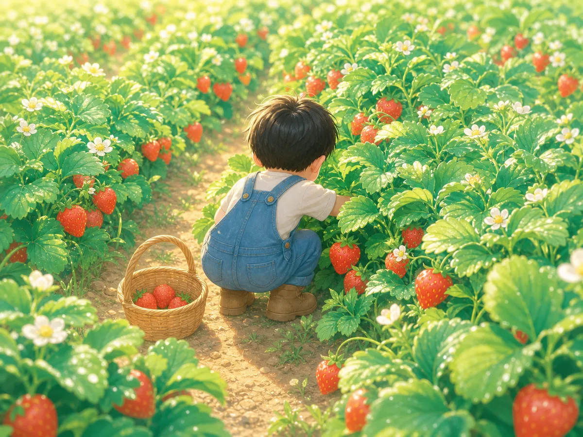 Neiko crouches among the leafy rows, picking ripe strawberries into his little basket.