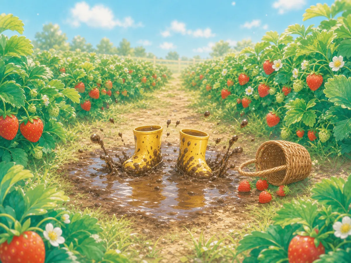 Neiko's yellow boots splash into a muddy puddle, tipping the berry basket beside the rows.