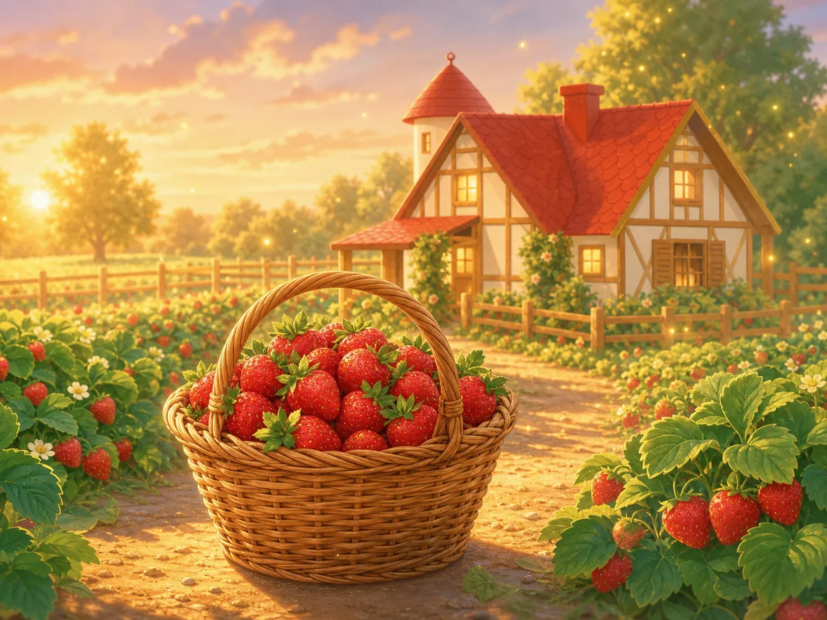 A basket brimming with strawberries rests in golden-hour light after the family's day at the farm.