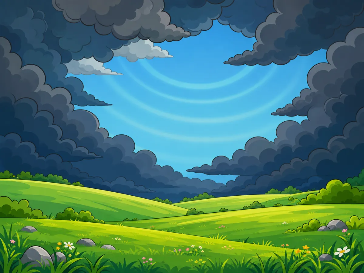 The storm clouds part as calm breath rings ripple across a brightening sky.